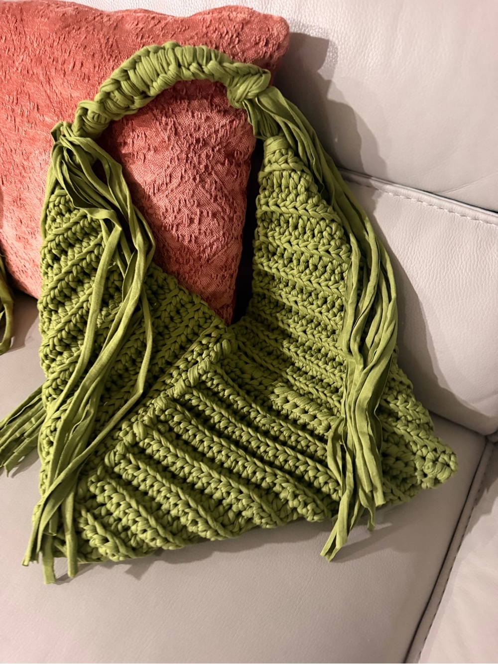 Handcrafted Olive Green Crochet Fringe Shoulder Bag